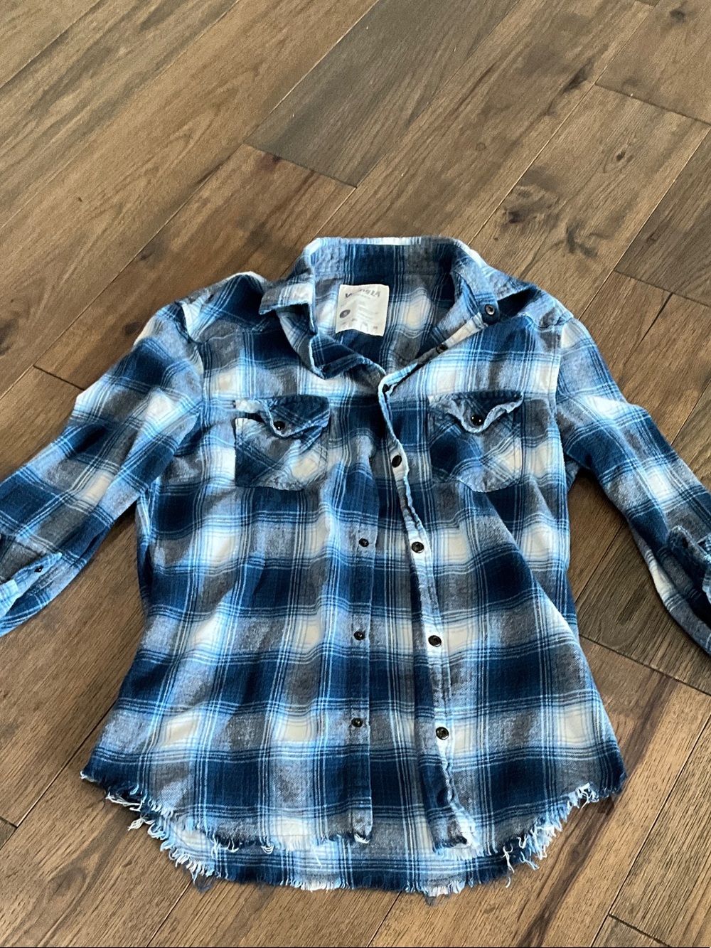 Blue Plaid Frayed Hem Button-Up Shirt